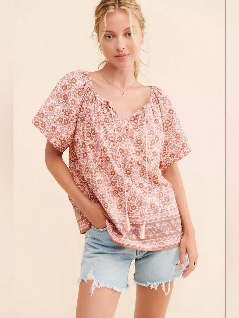 Faherty Pink Floral Peasant Blouse - Large